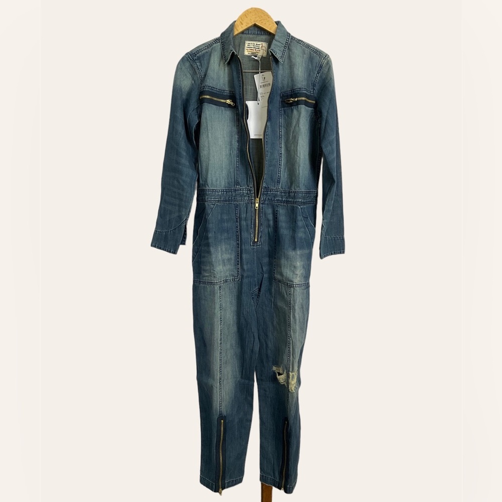 Sandrine Rose FREE PEOPLE Deep Zip Denim Jumpsuit Slouchy Small Utility Style - Picture 8 of 11